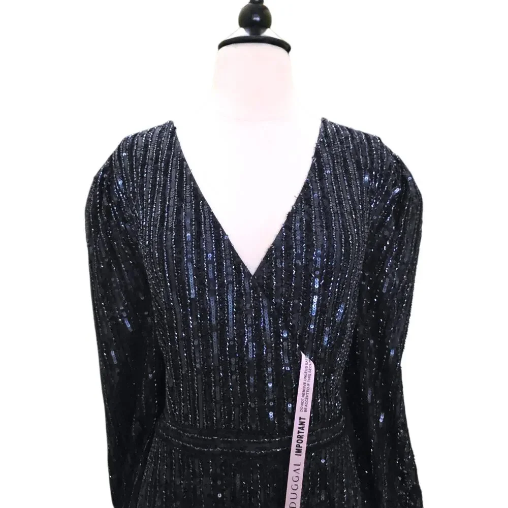 Mac Duggal 93679D Midnight Navy Blue Beaded Lace Long Sleeve Wrap Gown 18 Dress - Picture 6 of 12